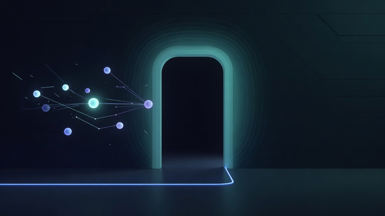Abstract AIDevPulse hero: a glowing teal archway in a dark room, with linked light nodes and a blue floor line.