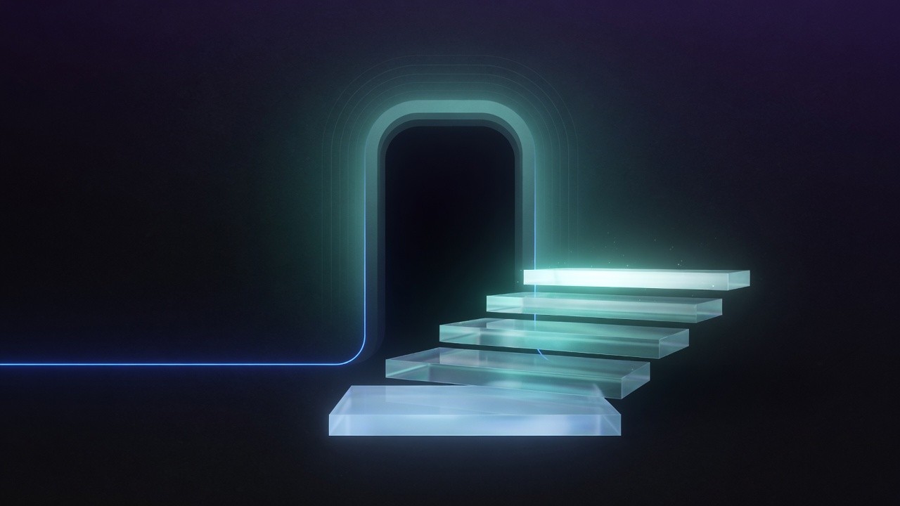Abstract AIDevPulse hero: a teal-glowing archway with translucent glass steps and a thin blue line of light.